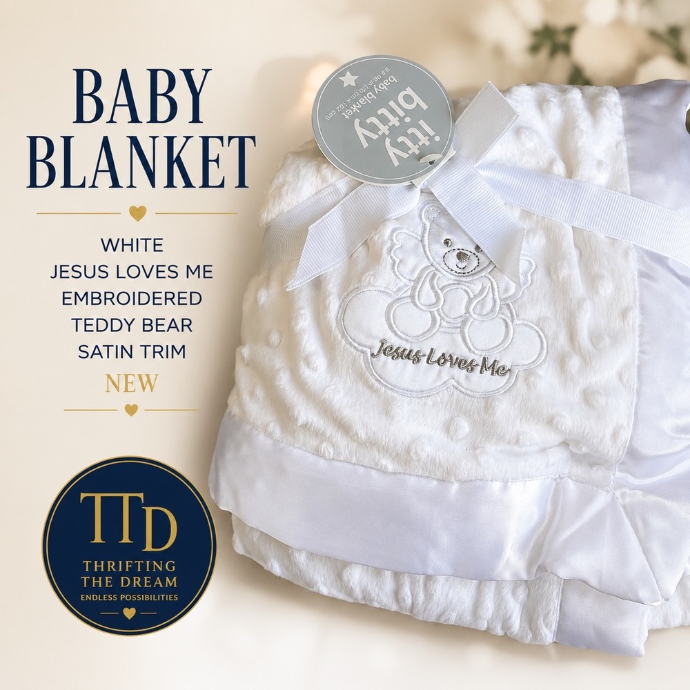 Baby Blanket White Jesus Loves Me Embroidered Teddy Bear Satin Trim NEW